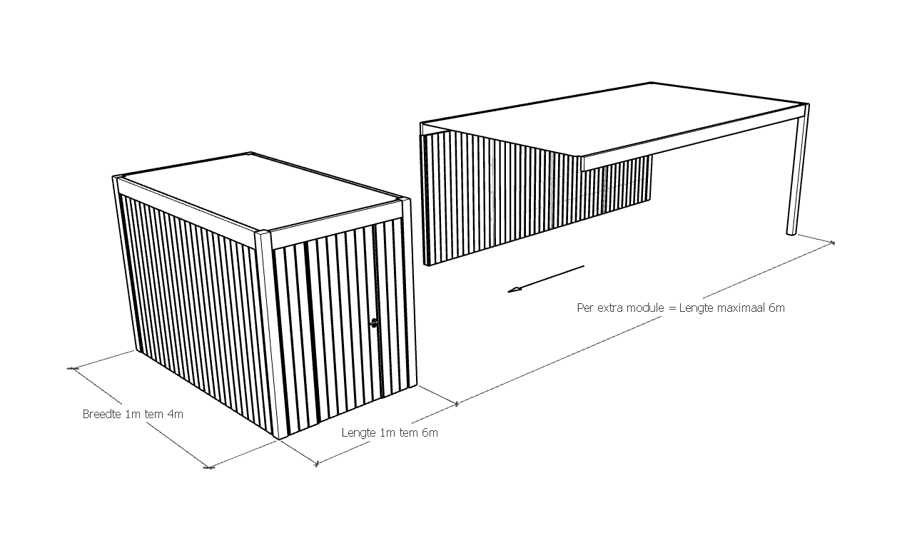 Eenvoudige tekening van twee modulaire kasten met verticale latten. Afmetingen: breedte 1–4 m, lengte 1–6 m; extra module max 6 m.