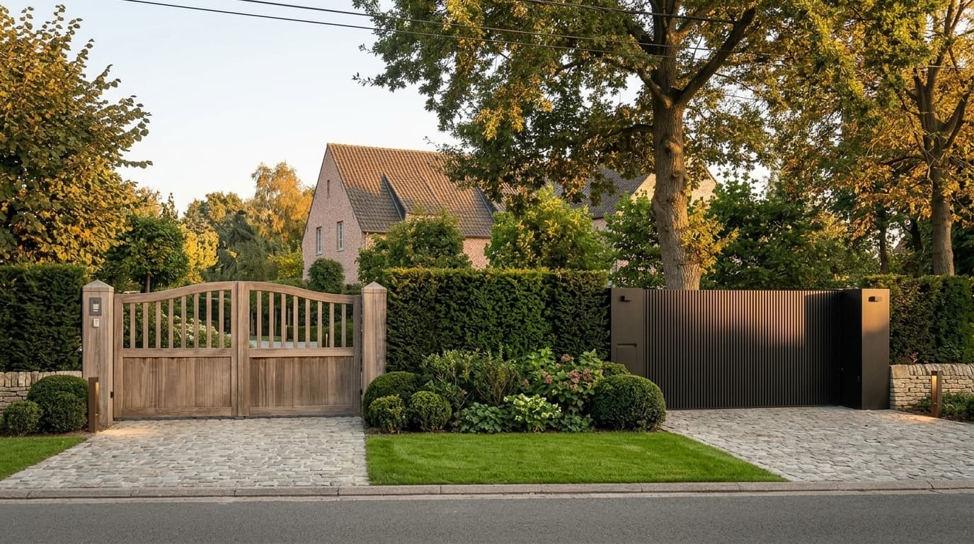 Voortuin met houten dubbele poort links en zwarte moderne poort rechts, omgeven door groene hagen, bomen en een kasseien oprit.