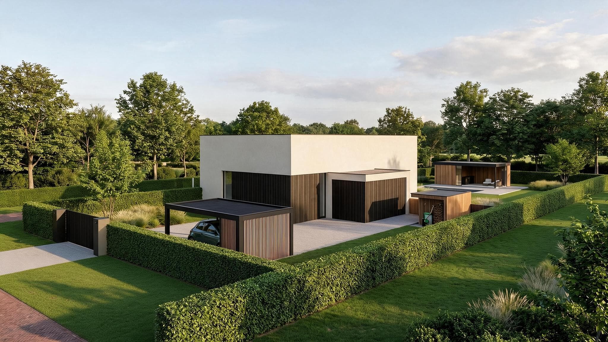 Moderne witte en houten huizen in een groene tuin met hagen en bomen onder een heldere blauwe lucht.