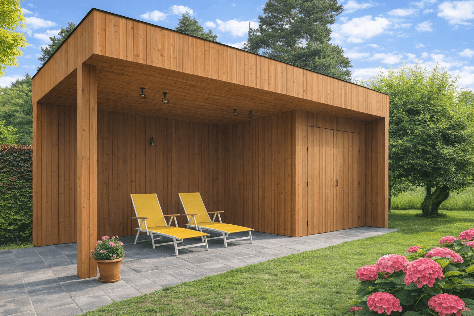 Houten overkapping met twee gele ligstoelen op een betegelde patio, omgeven door groene tuin en roze hortensias.
