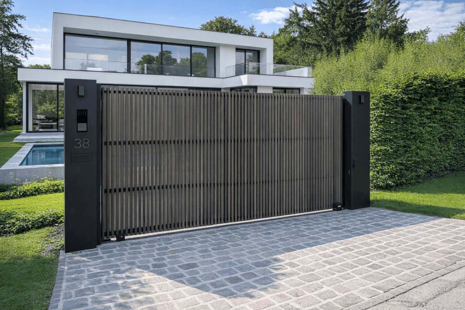 Moderne witte woning met grote glazen ramen, houten verticale schuifpoort bij huisnummer 38, intercom, keienoprit en groene tuin met zwembad.